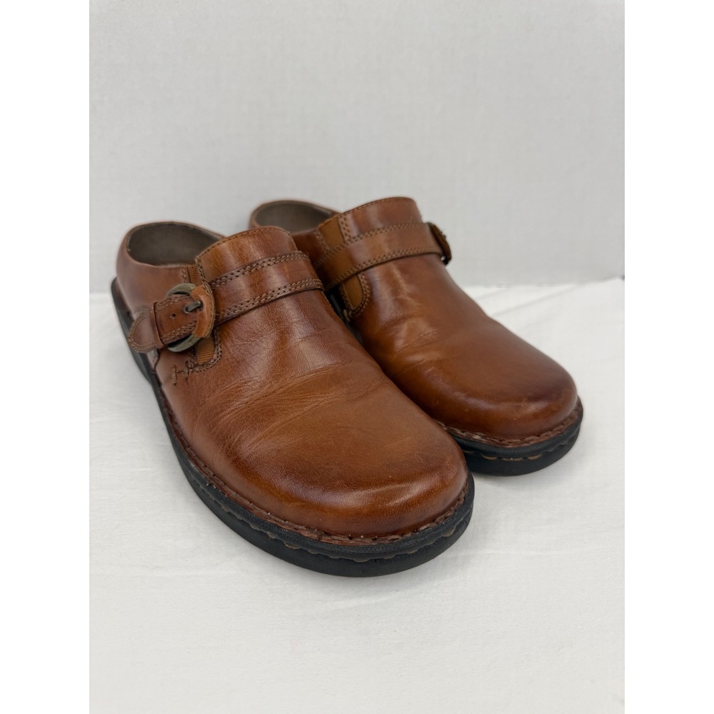 Earth Spirit Ivory Tan Brown Leather Buckle Clogs Mules Gelron 2000 Womens 9